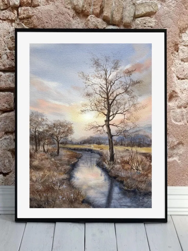 Original Landscape River Watercolor Painting Autumn Wall Art