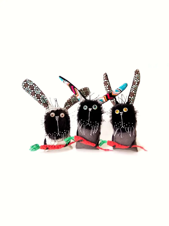 Handmade Quirky and Unique Fabric Art Doll Bunnies: One-of-a-Kind Fun Delightful Interior Decor Toys with a Spooky Twist. FREE SHIPPING!