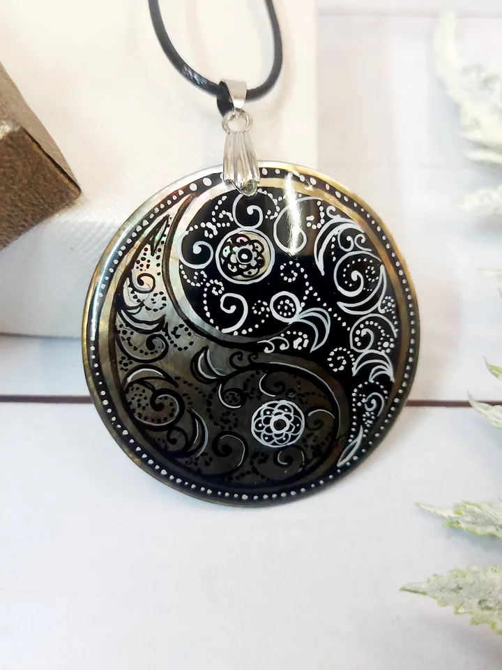Pearl pendant necklace: Black paisley pattern in Yin Yang symbol hand painted on mother of pearl necklace • handmade boho jewelry pendant