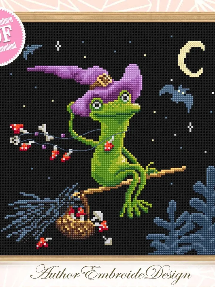 Halloween witch frog cross stitch pattern PDF download Halloween cross stitch chart Cute frog pattern digital PDF Funny frog embroidery #H73