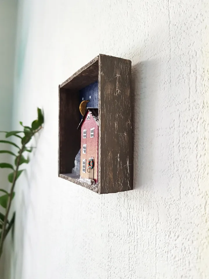 Miniature Christmas House Shadow Box 3D painting