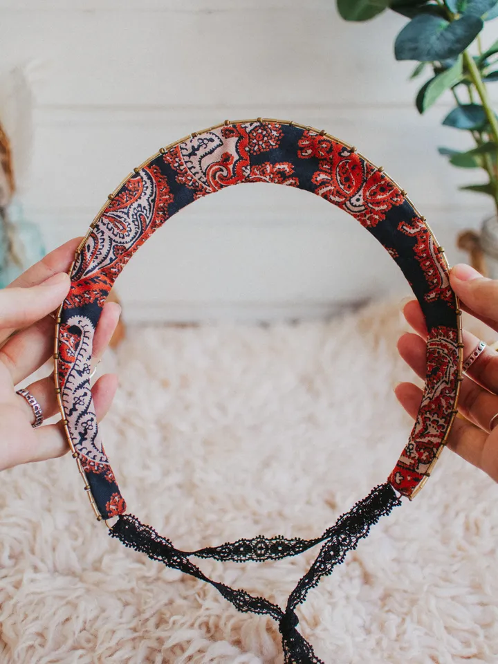 Tiara "Crimson Rhapsody" (round version). Bohemian patchwork crown for festivals, weddings, proms. Hippie hair accessory made with upcycled vintage fabrics and embellishments.