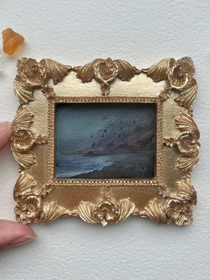 Small Landscape Oil Painting Framed Original Foggy Coast Painting Antique Ocean Art Gold Frame Tiny Paintings 3 x 4 Birds Art