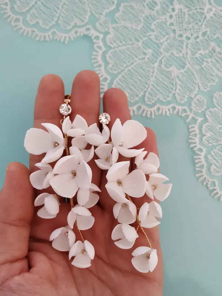 Chandelier Bridal Earrings, Floral Wedding Earrings, Floral Bridal Earrings, Statement Bridal Earrings, Clay Flower Jewelry , Gift For Her