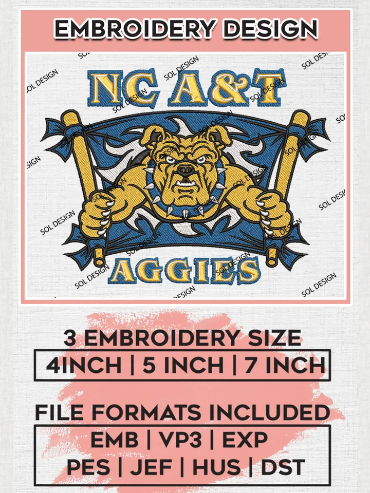 NCAA NC A&T Aggies College Football Team Mascot Logo Embroidery Design Files, NCAA North Carolina A&T Aggies Machine Embroidery, NCAA Teams, Game Day, 3 sizes, NCAA Machine embroidery designs, Digital Download