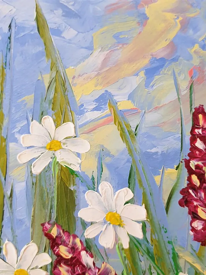 Daisy Painting Bluebonnet Original Art Wildflower Wall Art Ladybug Art Meadow