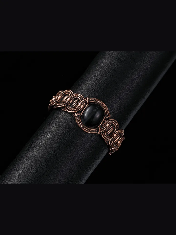 Copper wire bracelet with natural falcon eye, 7th Wedding Anniversary gift