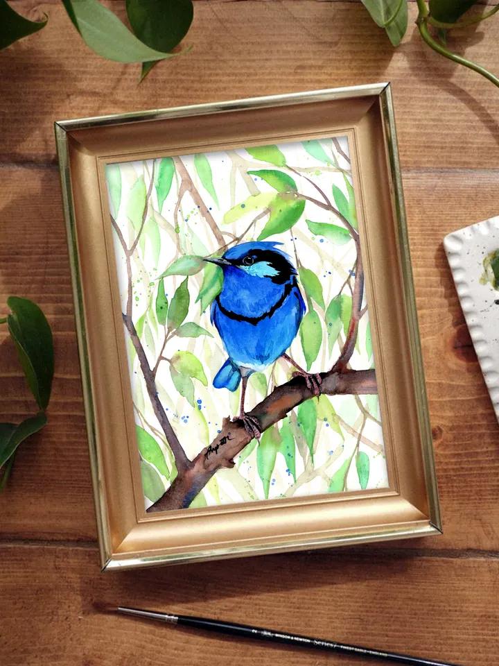 Bluebird Original watercolor, bird painting, wall decor, birds lover gift, 8x11 in handmade art by Anne Gorywine