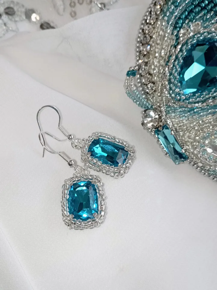 Handmade crystal aquamarine butterfly brooch earrings set for women, butterfly pin, gift for her, aquamarine jewelry set