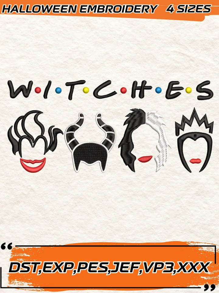 Bad Girls Witches Embroidery Designs, Horror Character Female Villains Embroidery Design, 4 Sizes, Digital Download