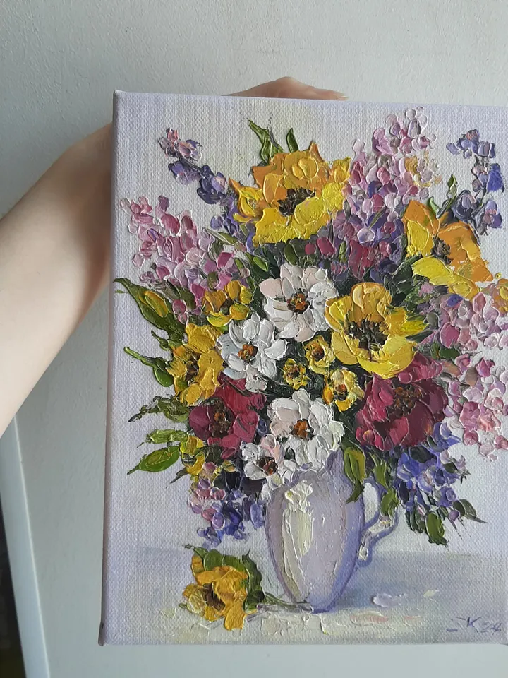 Yellow flower oil painting Original art Wildflowers Palette knife painting Wall art