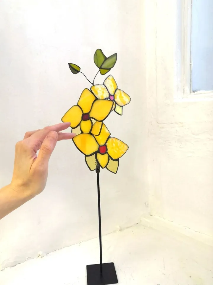 Lemon Orchids. Stained Glass, Lemon Orchid Stained Glass, Stained Glass of Lemon Orchids, Lemon Orchids in Stained Glass, Stained Glass Artwork: Lemon Orchids, Lemon Orchids in Tiffany Stained Glass, Lemon Orchid Glass Art
