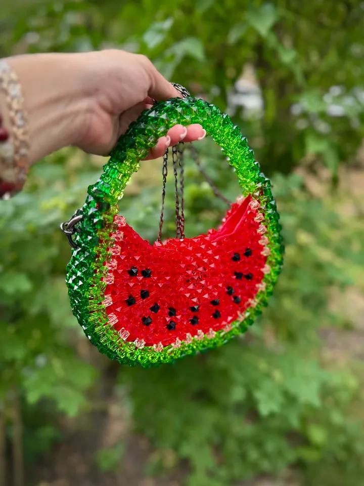 Watermelon beaded handbag, women bag, shoulder bead bag, purse for summer, bridesmaid woven bag, festival bag, small crossbody, luxury gift
