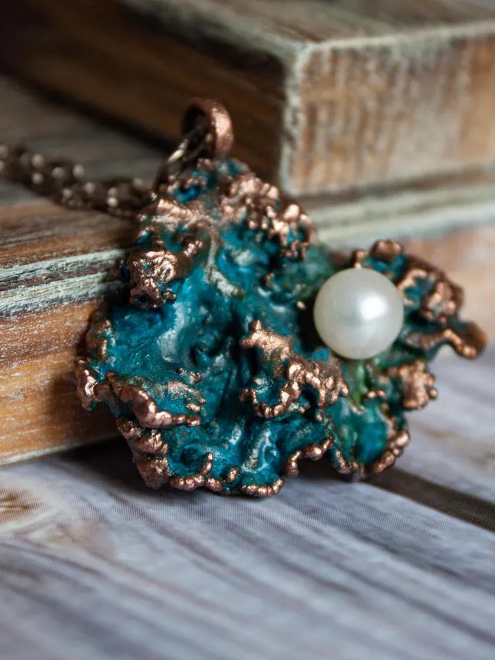Original handmade copper electroformed pendant made of natural moss with pearl