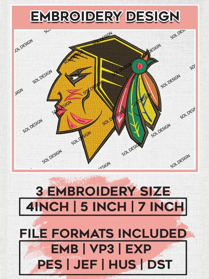 NHL Chicago Blackhawks Head Mascot Logo Embroidery Files, Chicago Blackhawks Team Embroidery Designs, NHL Machine embroidery designs, Digital Download