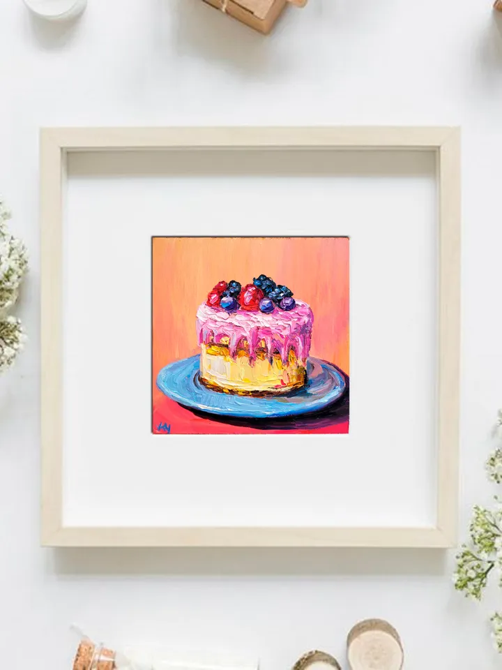 Cake Painting Food Original Art Impasto Artwork 6x6 Kitchen Wall Art Bakery Art Dessert Painting Fruit Wall Art Funky Painting by ArtFromVictoria