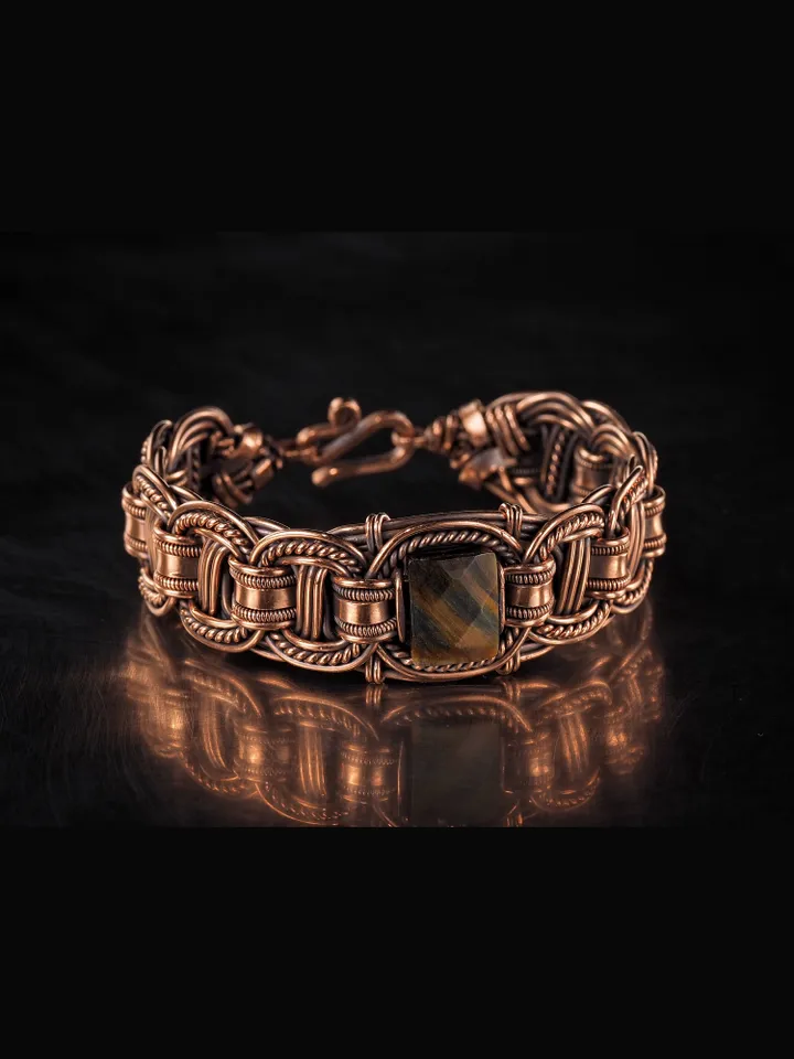 Copper wire bracelet with natural Tiger eye, 7th Wedding Anniversary gift