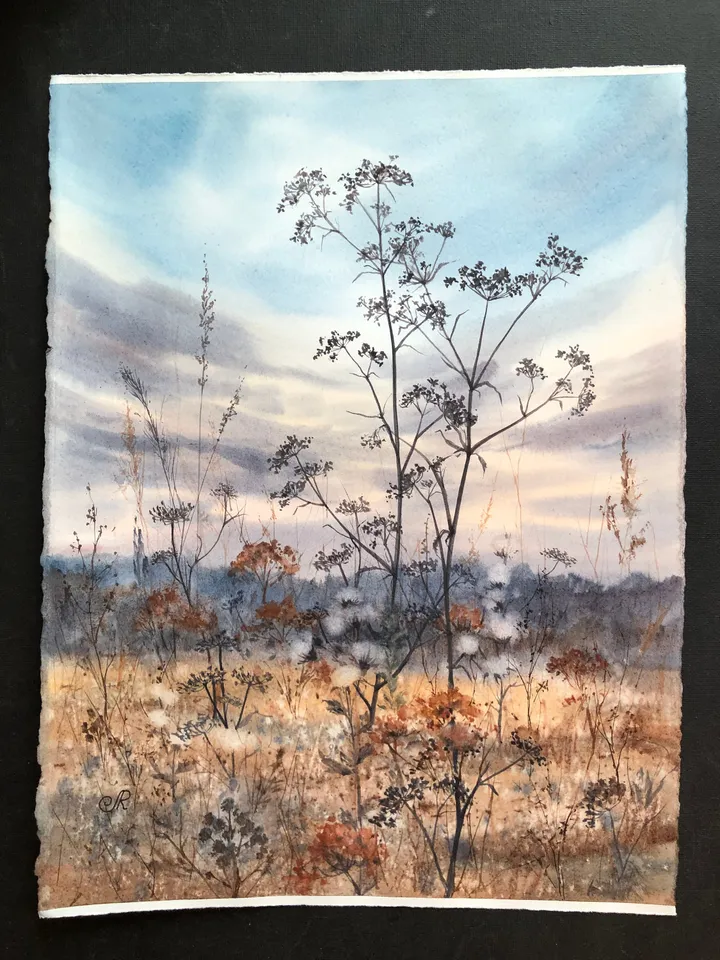 Meadow Original Watercolor Painting Field Landscape Wildflowers Art