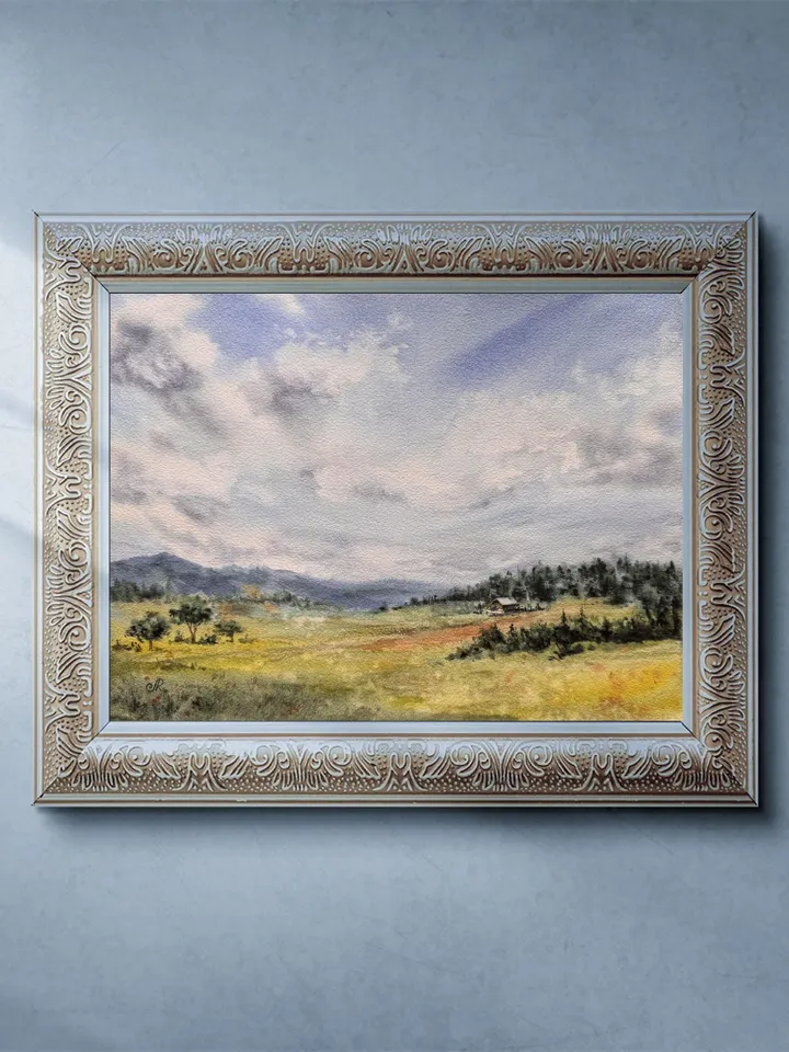 Landscape Original Meadow Painting Nature Watercolor Wall Art Field Painting