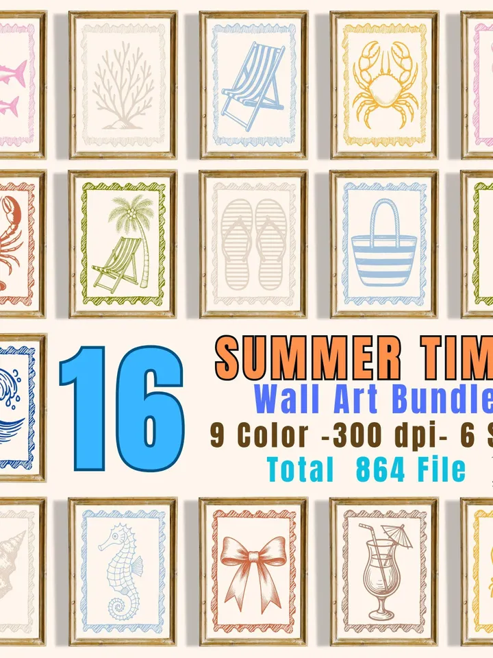 Preppy Summer Wall Art: Retro Tropical Prints, Beach House Decor (Digital Prints Set)