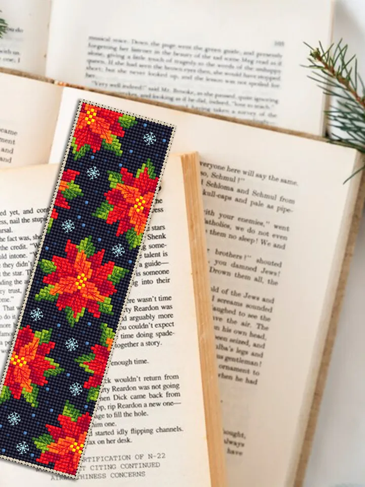 Christmas bookmark poinsettia cross stitch pattern PDF download Modern handmade bookmark digital PDF, Winter flower cross stitch chart #B227
