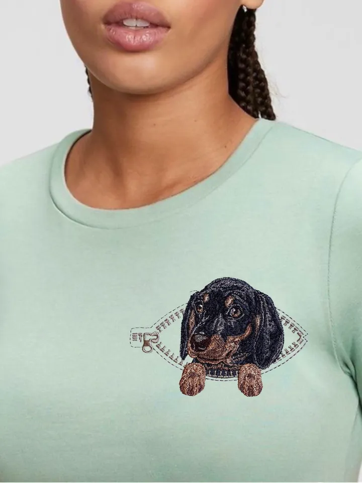 Dachshund in a zipper pocket Miniature realistic machine embroidery design Pet design dog realistic pattern puppy embroidery motif