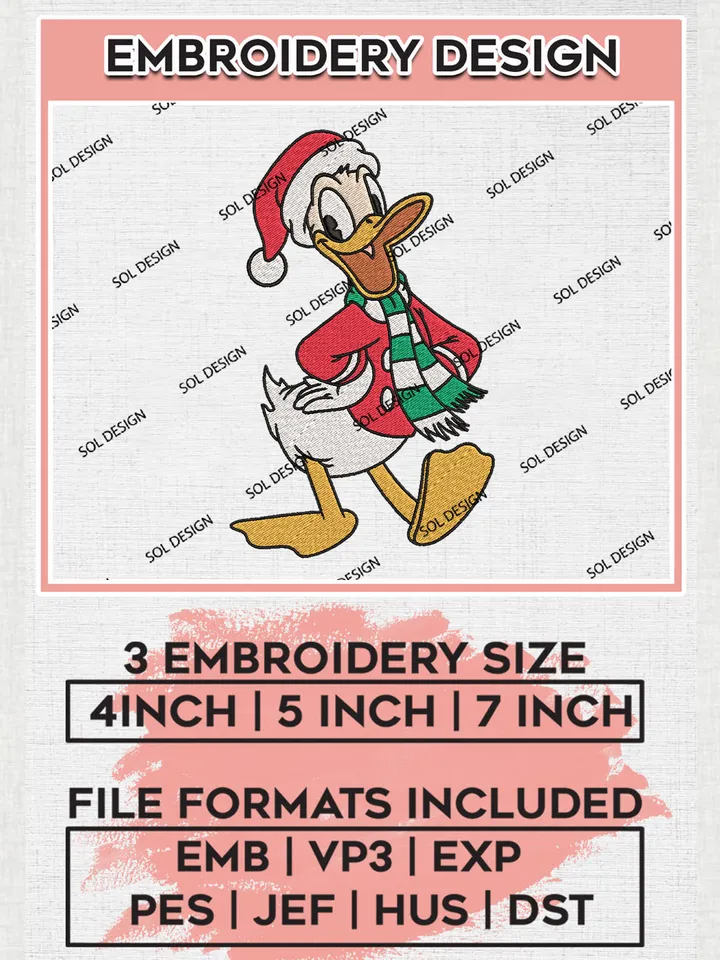 Donald Duck x Santa Claus Embroidery Design Files, Disney Christmas Machine Embroidery, Disneyland Embroidery, 3 sizes, Cute Christmas Machine embroidery designs, Digital Download