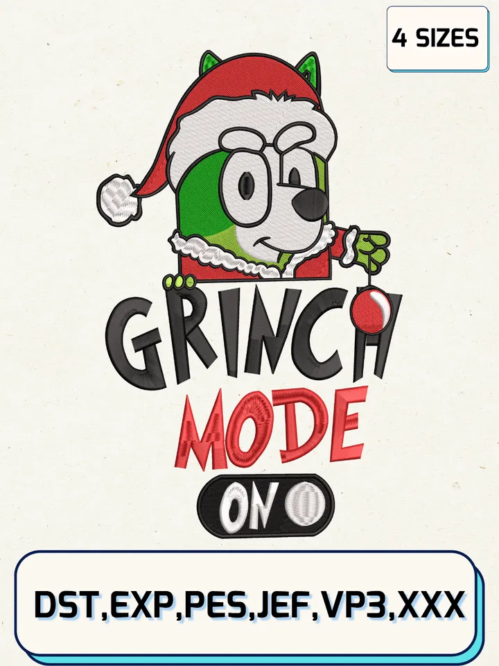 Bluey Grinch Mode On Embroidery Design,Christmas Embroidery Designs,Machine Embroidery Files,Bluey Grinch Embroidery Design,4 Sizes