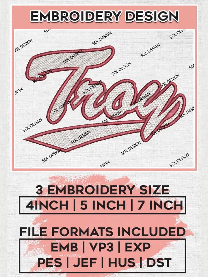 Troy NCAA College Team Word Logo Embroidery Design Files, NCAA Troy Trojans Machine Embroidery, NCAA Teams, 3 sizes, NCAA Machine embroidery designs, Digital Download