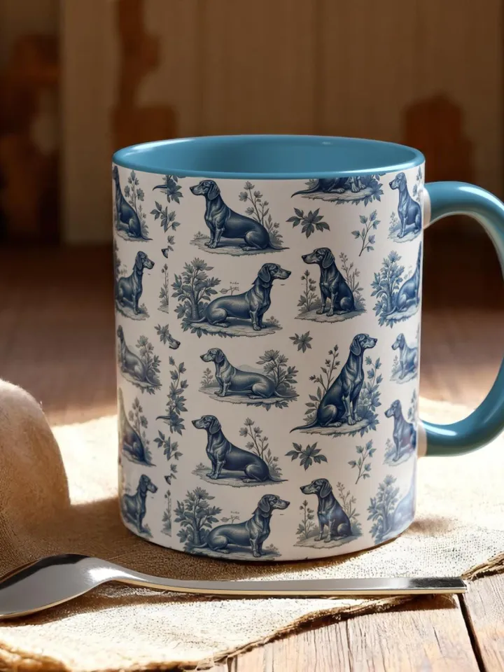 Dachshund French Toile de Jouy Ceramic Mug, Toile Coffee Cup for Doxie Mom, Sausage Dog Lover Gifts, Dog Tea Drinkware, Gift For Dog Lovers