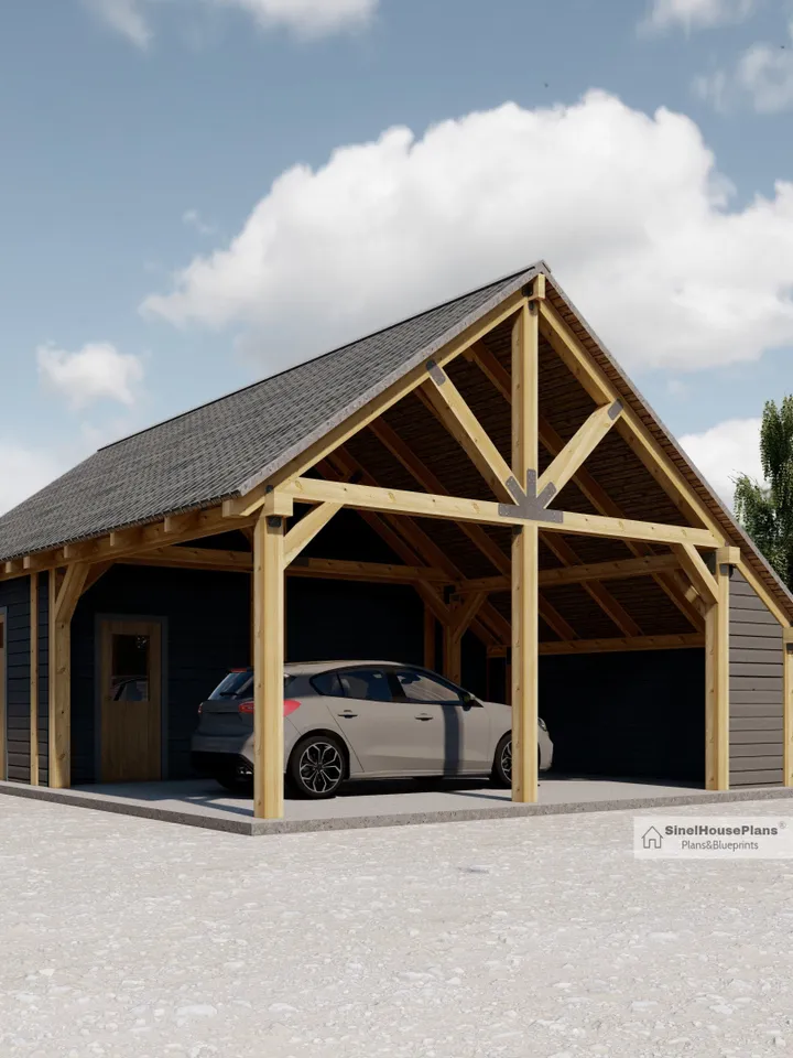 Timber Framed Garage plans , 34'x 24 'Carport Blueprints, Massive Post Traditional Pavilion Construction Drawings