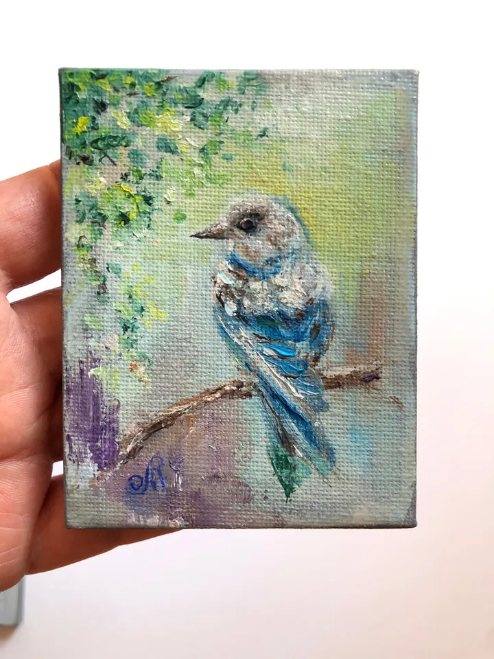 Aceo Birds Set of 4 Mini Painting Original Aceo cards Miniature Birds Painting Small Oil Painting