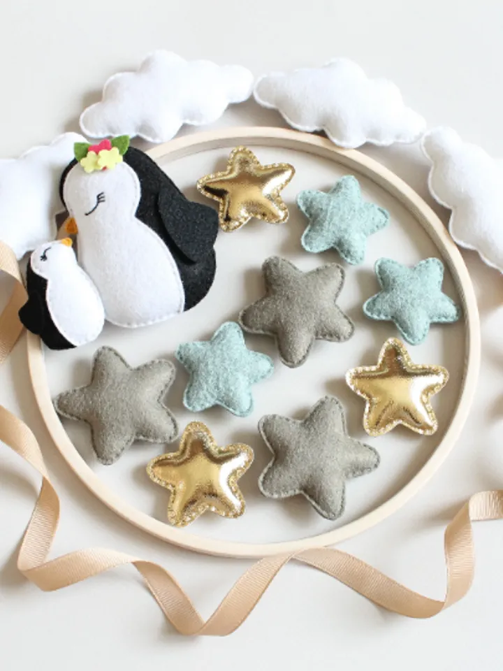 Handcrafted Penguin and Stars Themed Felt Baby Mobile - Customizable Nursery Decor
