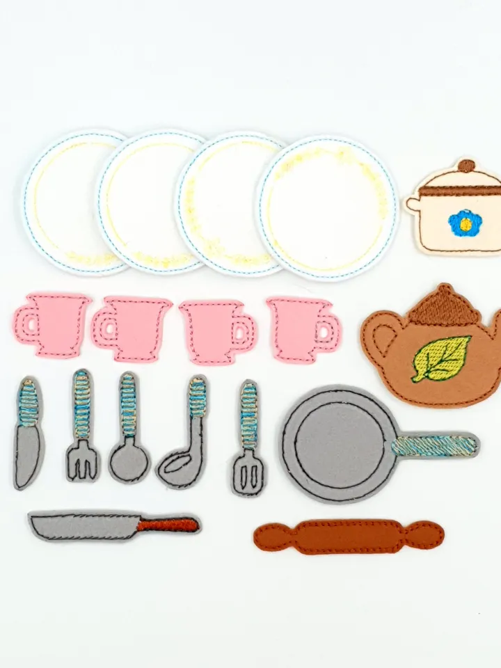 ITH Dollhouse Tableware Embroidery Design Set, Felt Dishes Cutlery Teapot Pattern, Miniature 4x4 Hoop Digital File