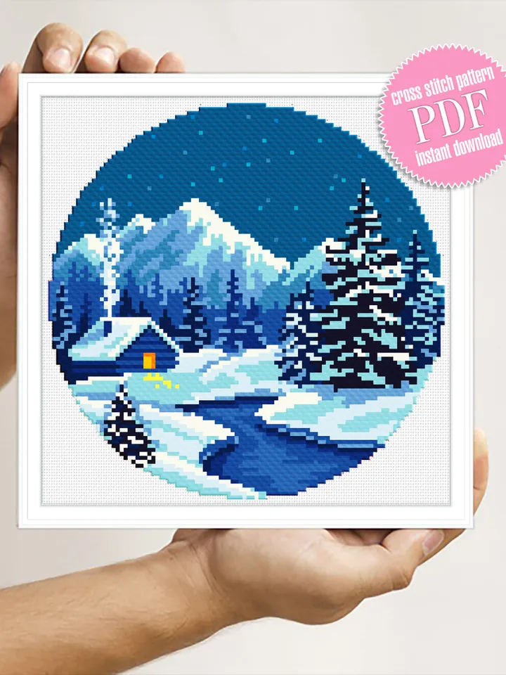 Winter cross stitch pattern download PDF Mountain landscape embroidery Winter forest cross stitch chart Starry night Winter house PDF #L33