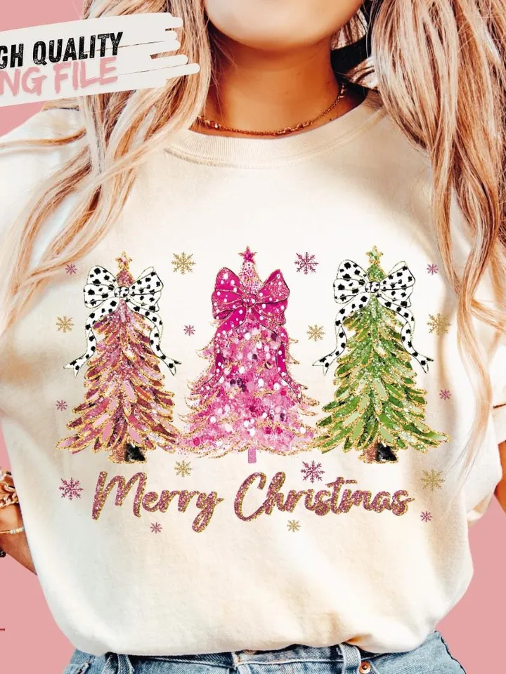Colorful Coquette Glitter Christmas Tree Png, Girly Christmas Tree Design, Bright Color Merry Christmas Coquette Bow Dalmatian, brushstroke