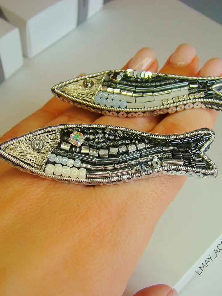 Brooch Fish, beaded brooch, embroidered brooch, handmade design, custom brooch, pair brooch