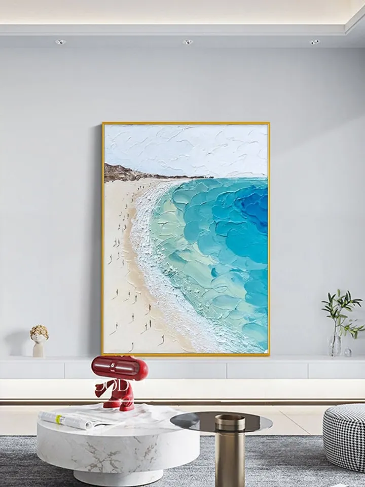 Abstract Beach Canvas Painting,Large Original Sunshine Ocean Coast Seascape Oil Painting Wall Art, Modern Blue Beige Living Room Wall Decor