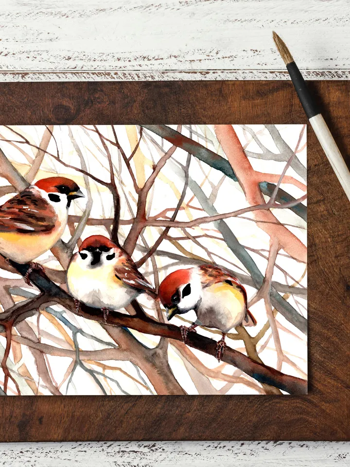 The birds i love original watercolor sparrows painting 8x11 in, sparrows on a branch art for birds lovers by Anne Gorywine
