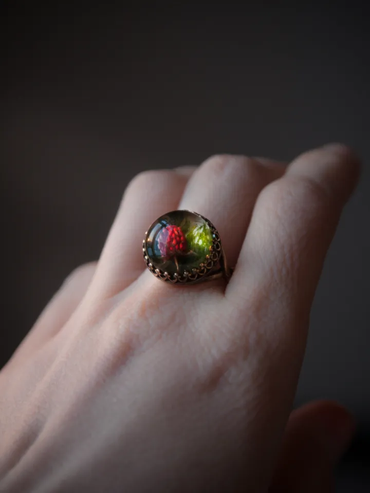 Real strawberry ring. Adjustable size resin jewelry