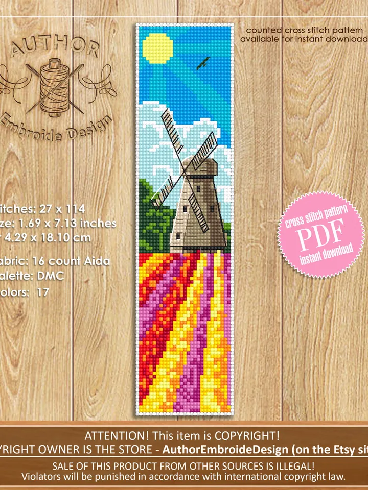 Bookmark Windmill cross stitch pattern PDF Handmade bookmark Holland cross stitch Spring xstitch chart Beginners Cross Stitching #B27