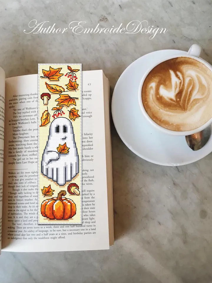Ghost with pumpkin bookmark cross stitch pattern PDF download Cute ghost cross stitch chart, Fall bookmark pattern digital PDF #B369