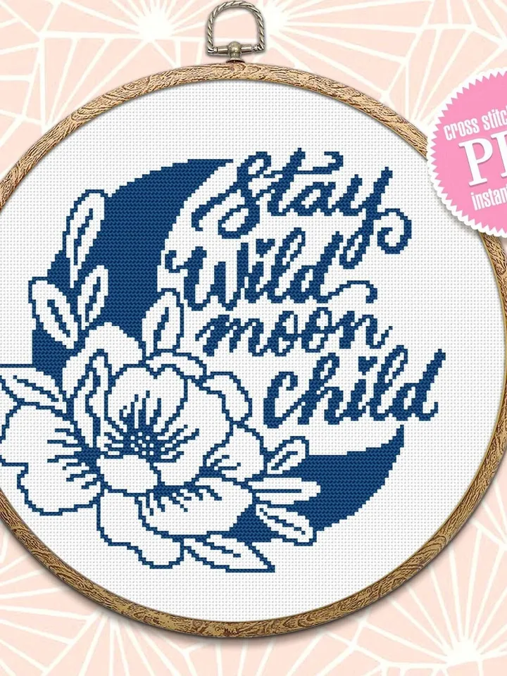 Floral moon cross stitch pattern PDF download Stay wild moon child cross stitch chart, Moon pattern digital PDF, Crescent moon decor #Q51