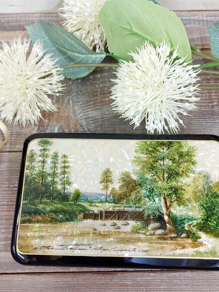 Lacquer Box "Summer landscape" Hand-painted miniature painting. Jewelry box Mother of pearl Papier-mache. Home decor. Christmas gift