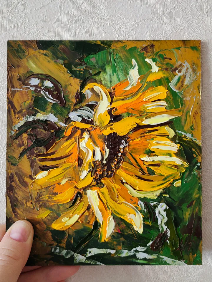 Sunflower painting Floral Original Art 5 by 6 Yellow Flower impasto artwork by Natalia Plotnikova