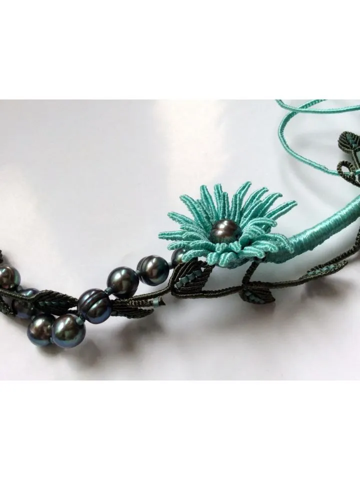 Night Dreams Floral and Dragonfly Asymmetrical Macrame Necklace