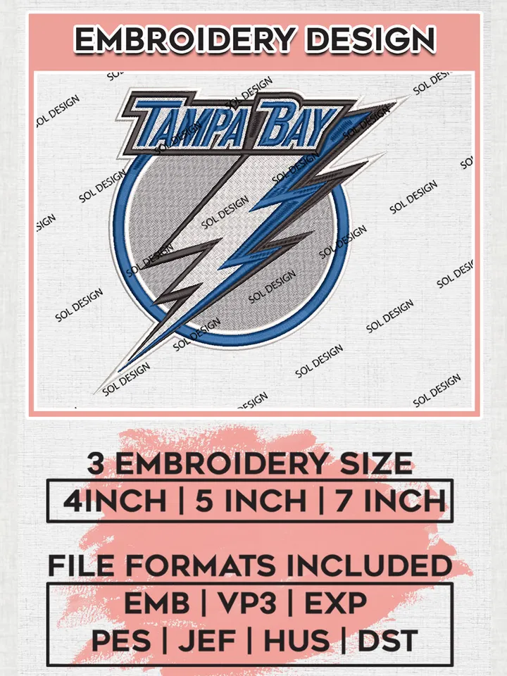 Tampa Bay Hockey Team Logo Embroidery Design, NHL Tampa Bay Lightning Logo Embroidery Files, Hockey Team Machine Embroidery, Machine Embroidery Design