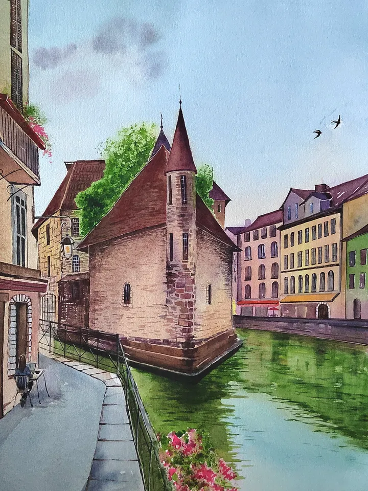 Annecy Town Painting French Cityscape Art Old French Town Artwork Original Watercolor Painting 11.8x15.7 inches by SoftWaves