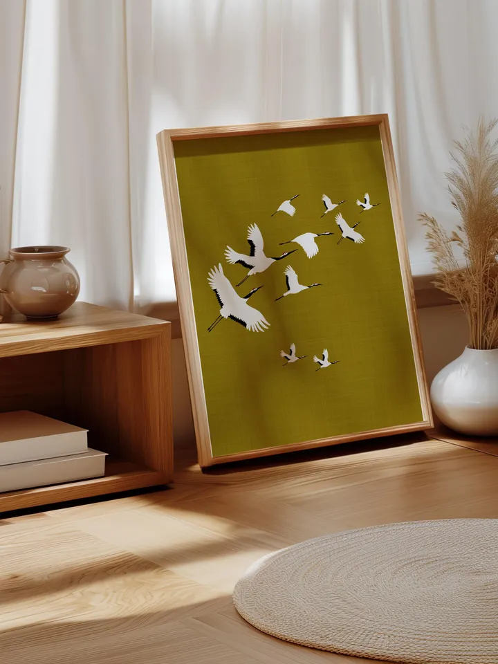 Olive Green Cranes Wall Art Digital Print Japanese Style Gold Accent Bird Poster Maximalist Decor Eclectic living Room Artwork Gift poster