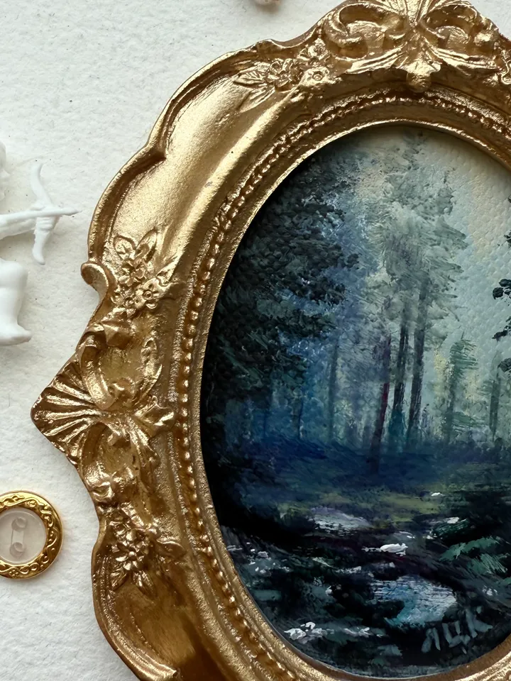 Enchanted Forest Landscape Oil Painting Original In Vintage Style Frame Small Framed Oval Painting Art